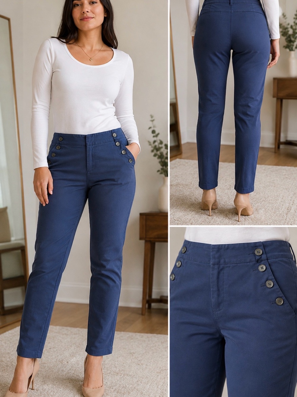 LOFT Navy Chinos with Decorative Side Buttons
